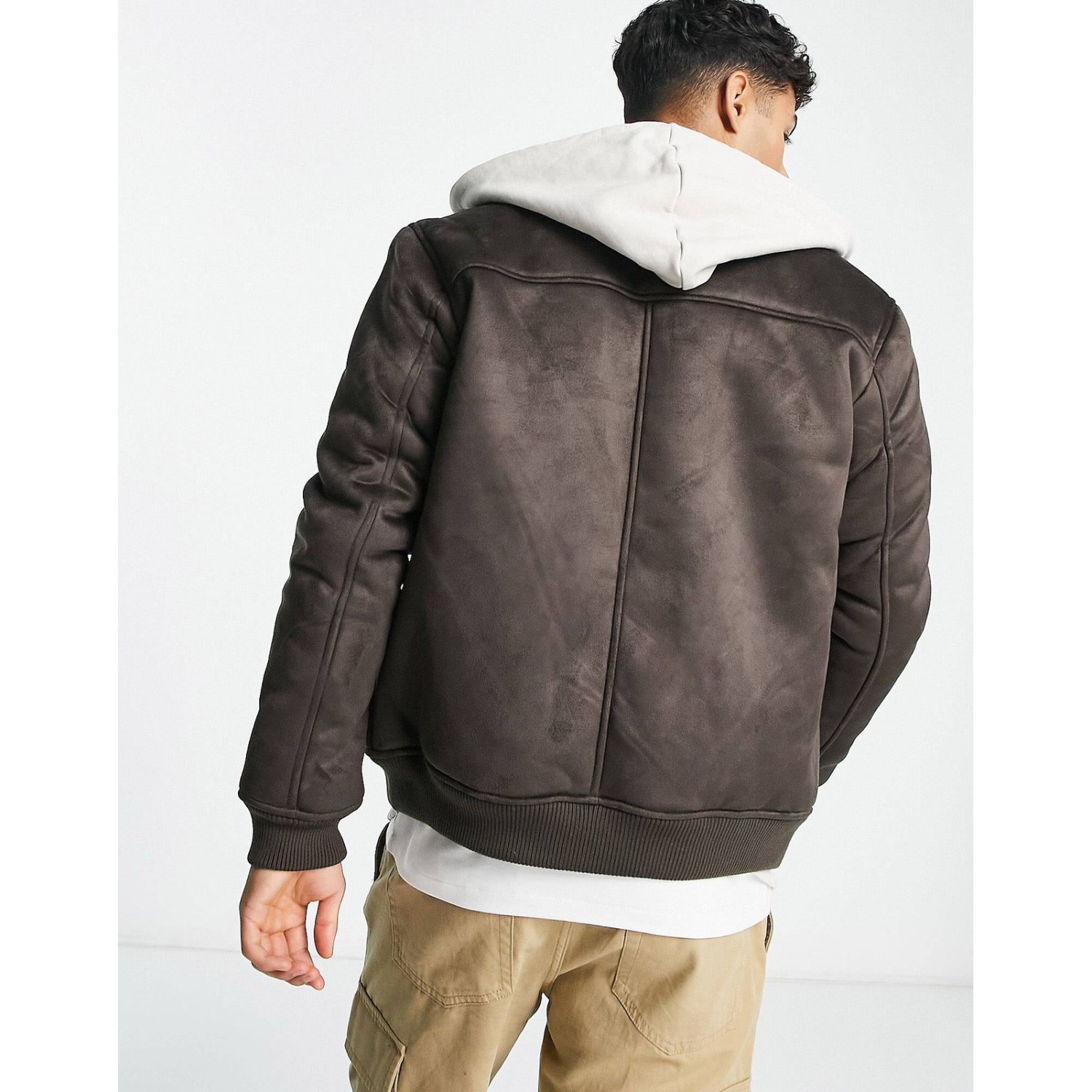men's  faux suede aviator jacket with borg lining in brown