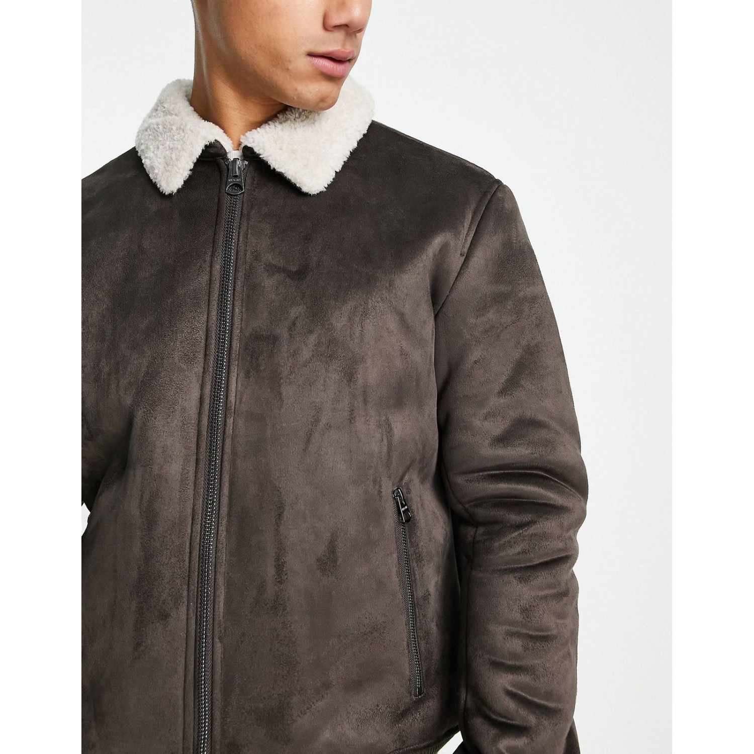 men's  faux suede aviator jacket with borg lining in brown