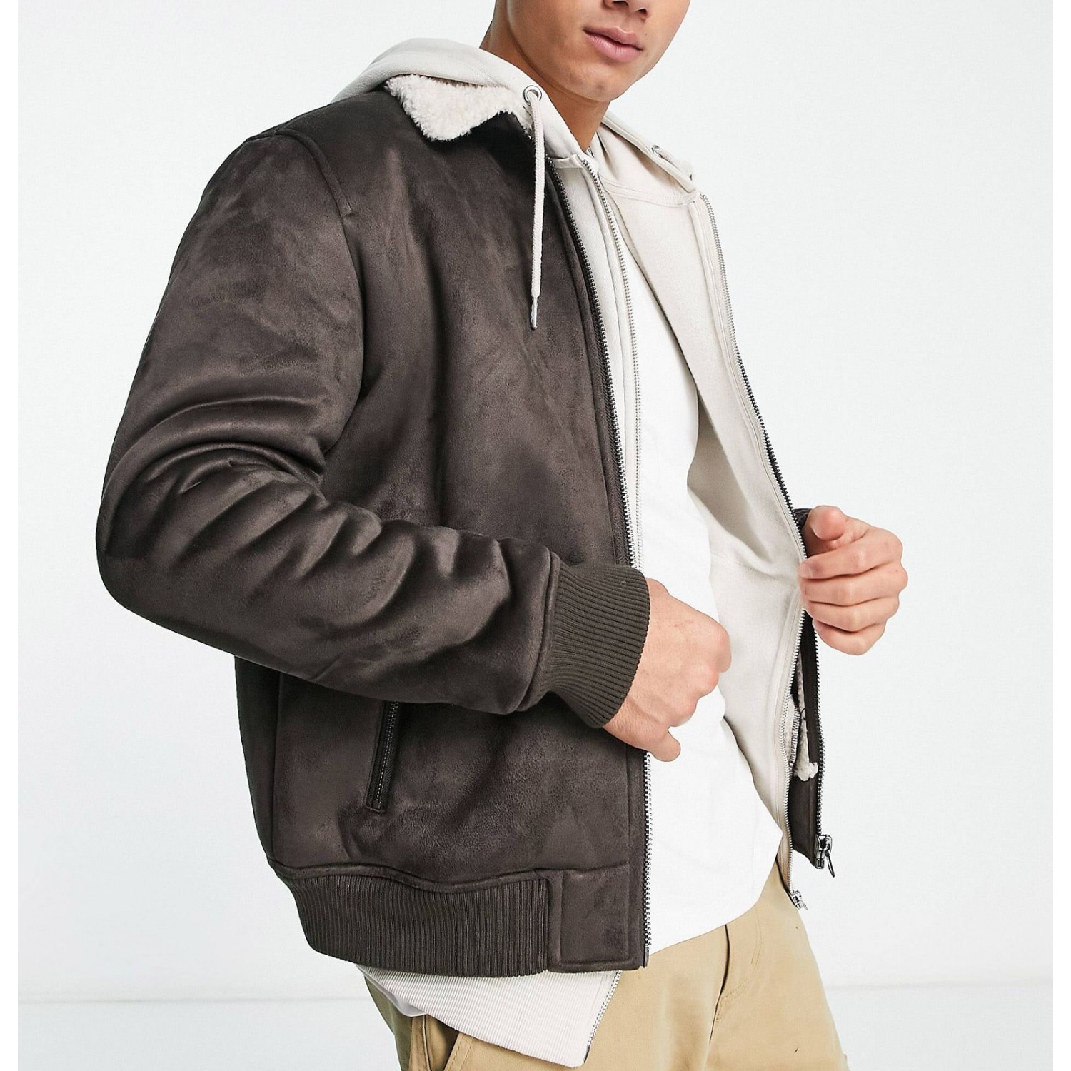 men's  faux suede aviator jacket with borg lining in brown