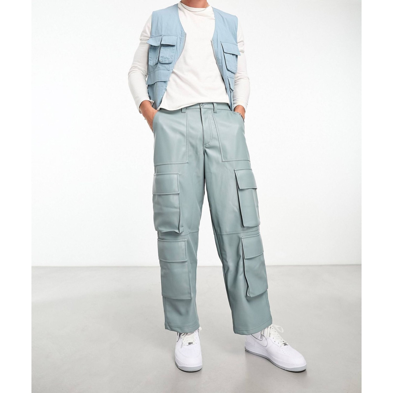  leather look cargo pants in blue